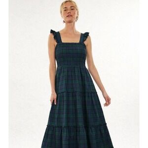 J.Crew Green Watch Plaid Smocked Tiered Midi Dress Navy Green XS